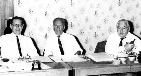 Barrie Dexter, Herbert Cole 'Nugget' Coombs, William Edward Hanley Stanner, members of the Aboriginal Affairs Council of Commonwealth and State Ministers in Adelaide on November 1, 1968. Image: Trove.
