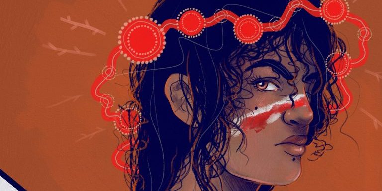 Illustration of Indigenous person with paint on face and artwork around their head