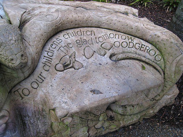 A quote from poet Oodgeroo Noonuccal is carved in stone. It reads: 'To our children's children. The glad tomorrow'