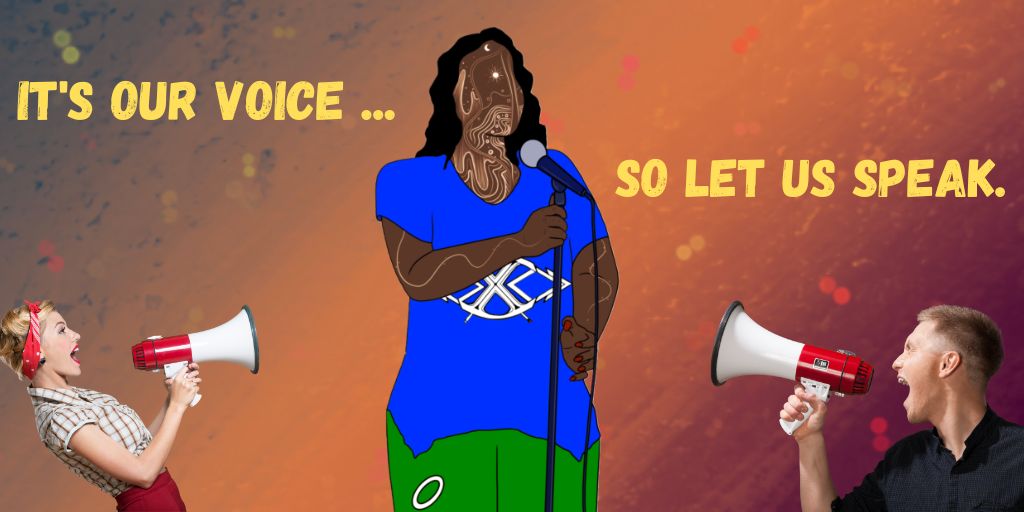 A Black person stands in the centre with a microphone. There are two white people on either side with megaphones.