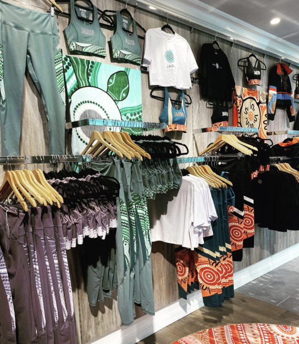 The inside of Jarin Street store. There are racks of activewear clothing.