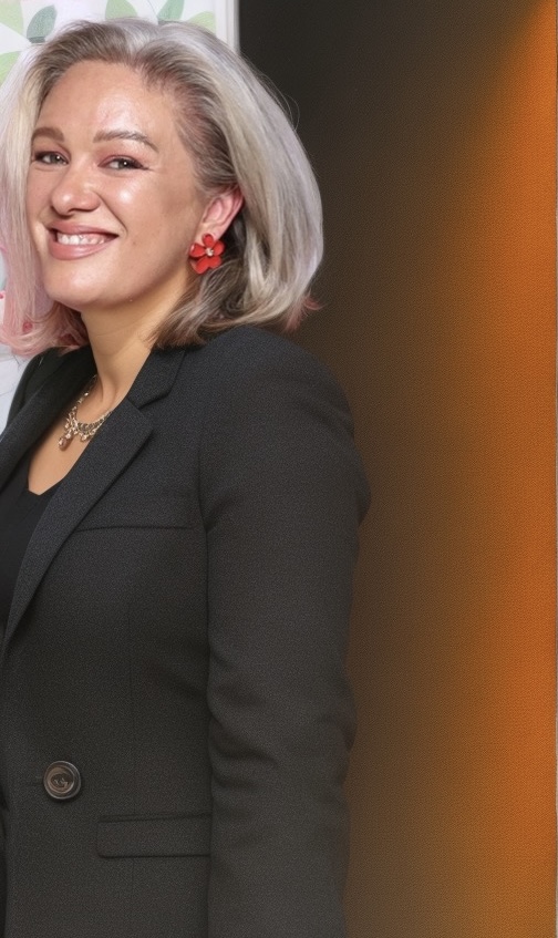 A person stands in a brightly lit room. They have blonde hair and are wearing red earrings.